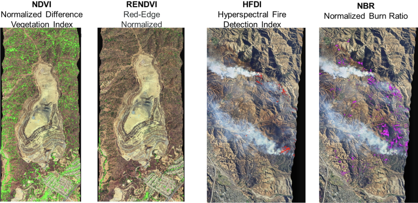 Results of four normalized-difference indices applied to hyperspectral data from JPL's AVIRIS airborne platform