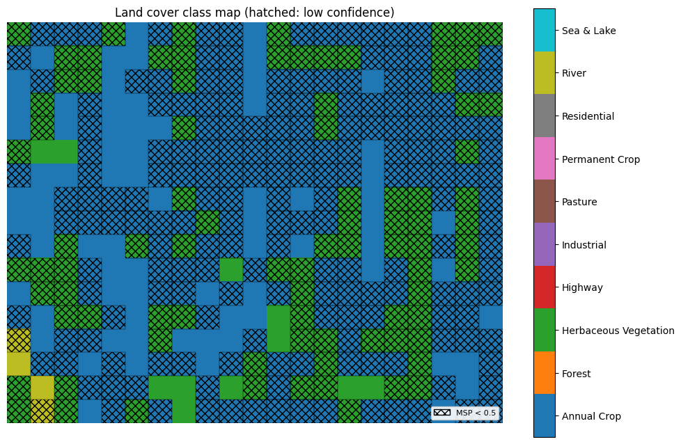 EuroSAT land-cover class map with hatched low-confidence chips.