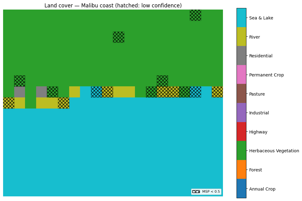 Class map for Malibu coast scene with hatched low-confidence chips.