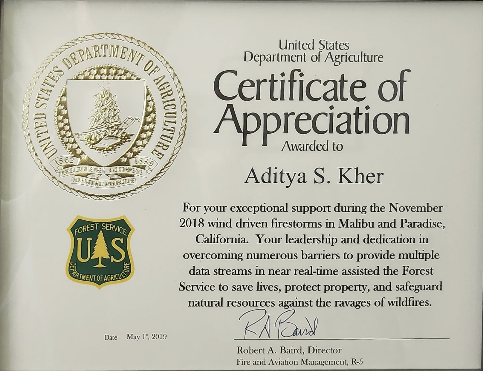 Certificate of Appreciation from the US Forest Service for support during the 2018 California wildfires